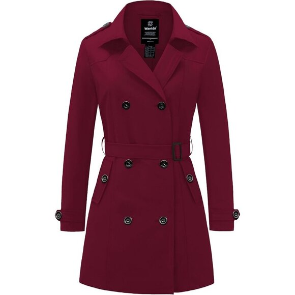 Jackets & Blazers - Women's Wine Red Waterproof Trench Coat with Classic Lapel and Belted Design